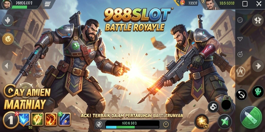 Tampilan gameplay 988SLOT menunjukkan aksi pertempuran sengit di arena Battle Royale.