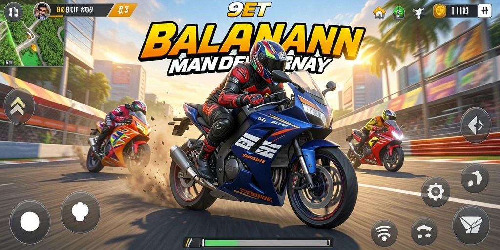 Gameplay mendebarkan dengan motor balap di lintasan.