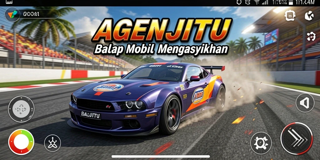 Screenshot AGENJITU memperlihatkan aksi balap yang mendebarkan dan mobil yang stylish.