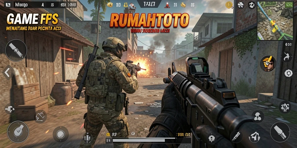 Gameplay mendebarkan di battlefield RUMAHTOTO, dengan aksi tembak-menembak intens.